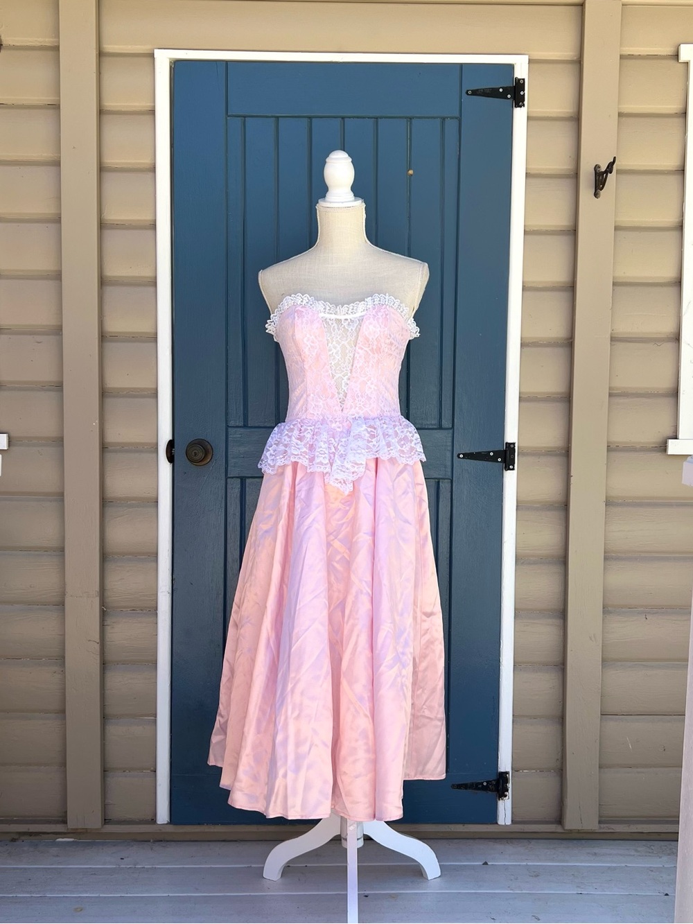 Vtg 80’s Gunne Sax Pink Satin & White Lace Sweetheart Dress Coquette 7 Junior